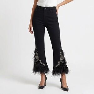 Kobi Halperin Black Beaded Feather Trim Cropped Flare Pants 10